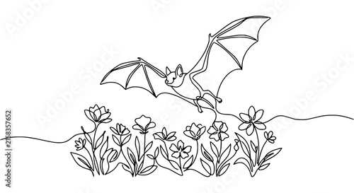 Continuous Line Drawing Bat Flying Over Flowers Isolated Transparent Background