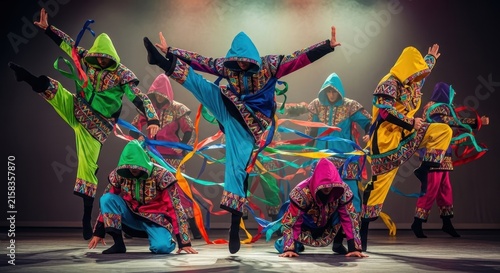 Colorful dancers performing vibrant stage show with ribbons.