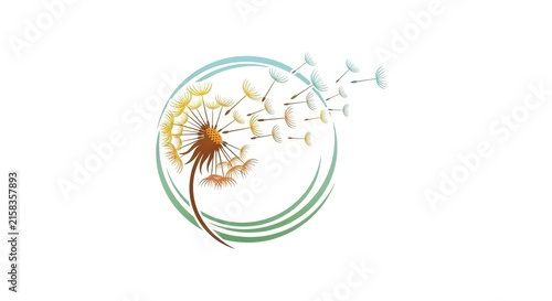 Colorful Dandelion Seeds Blowing in Circular Frame Design.