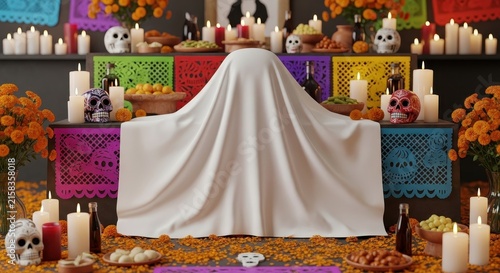 Colorful Day of the Dead Altar with White Ghost Sheet.
