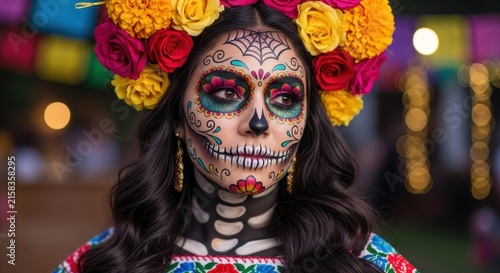 Colorful Day of the Dead Woman with Floral Headdress.