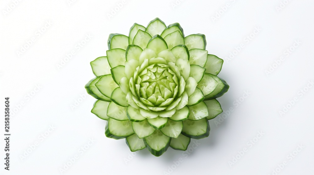 Obraz premium Artistic Cucumber Rosette Flower Culinary Decoration Handcrafted Vegetable Garnish for Elegant Fine Dining Food Presentation and Gourmet Salad Styling