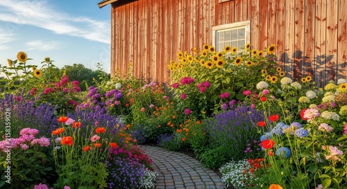 Colorful Cottage Garden with Blooming Flowers and Wooden Shed.