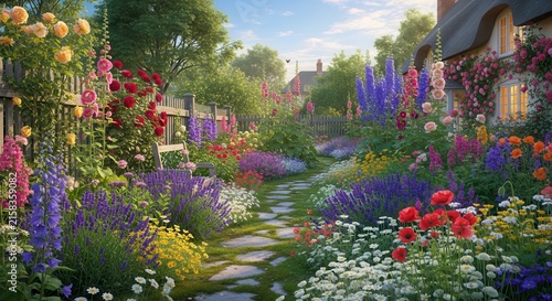 Colorful Cottage Garden Pathway in Full Bloom.