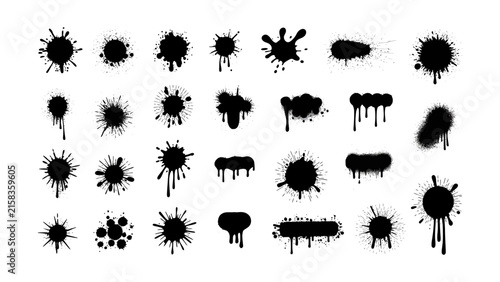 Creative collection of various black ink splatters and blots on white background ideal for graphic design projects and artistic elements