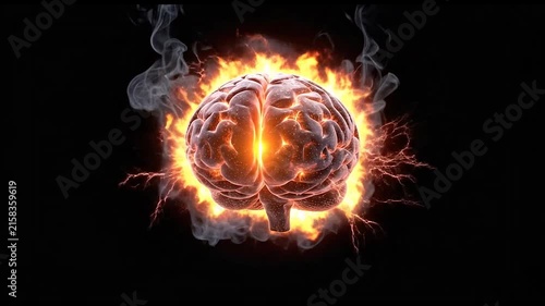 Glowing brain burning in flames against black background.