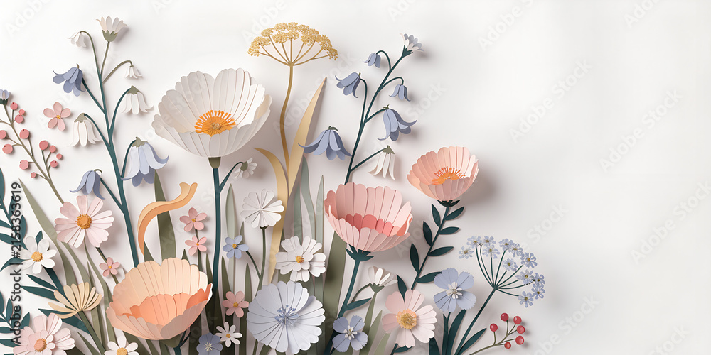 Fototapeta premium A layered paper cut illustration of a bunch of colorful wildflowers, multiple pastel paper tones creating dimensional texture, soft shadows, clean minimal background, papercraft art style