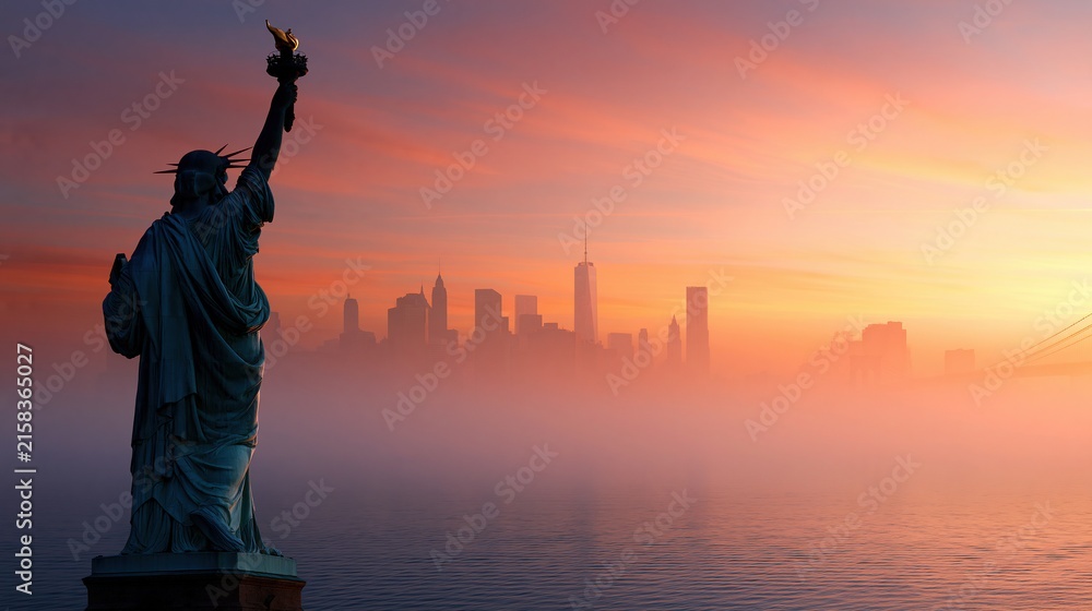 Obraz premium Silhouette of the Statue of Liberty holding a torch against a colorful sunset sky with a foggy city skyline in the background