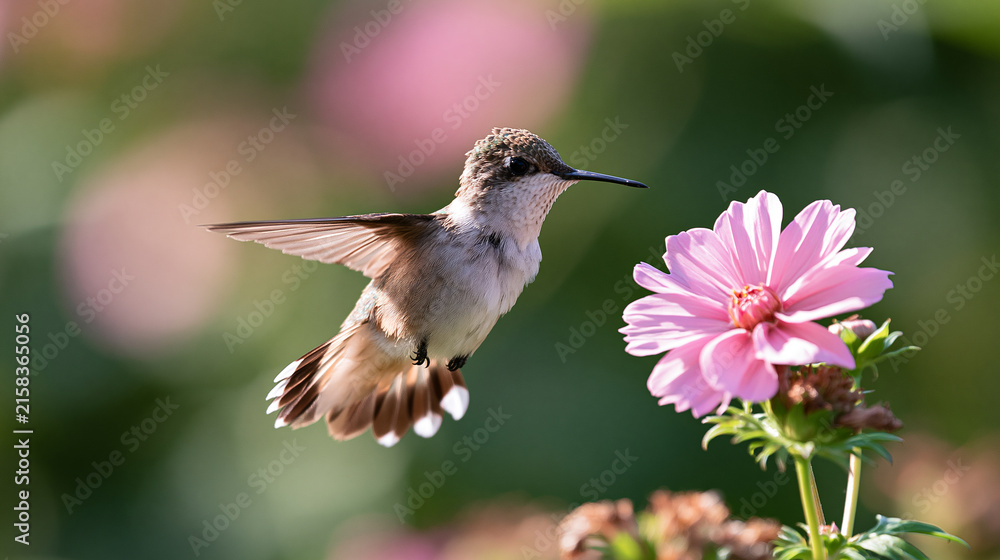 Naklejka premium Hummingbird Hovering Beside Pink Flower in Summer Garden