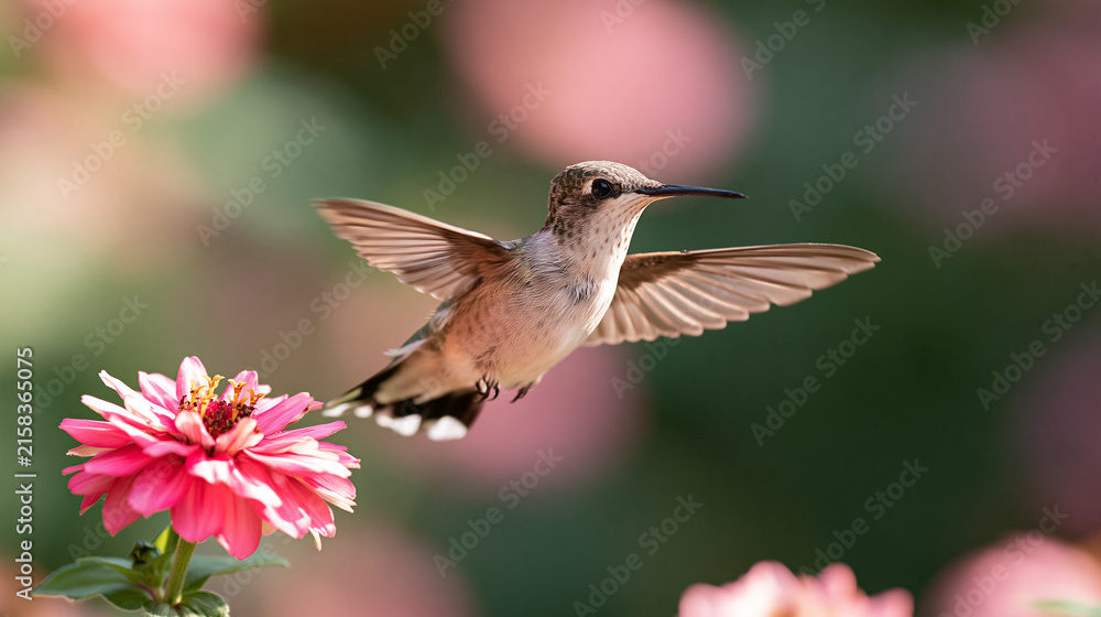 Naklejka premium Delicate Hummingbird Approaching Pink Bloom Against Soft Green Background