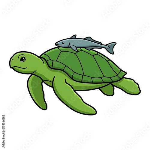Cute Cartoon Green Sea Turtle With a Small Silver Fish Resting on Its Shell Vector Illustration