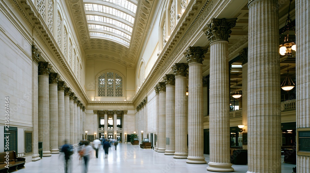 Fototapeta premium Blurred pedestrians walking through grand historic hall with tall columns and arched skylight.