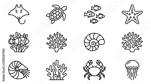 Photography Ocean Life Icons: Marine Animals and Coral Collection