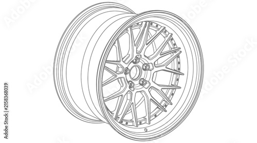Clean vector line drawing of a performance car alloy wheel rim, illustrating intricate spoke architecture and mechanical detail for automotive design and technical schematics