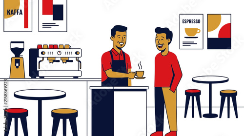 Flat-style illustration of a smiling barista serving coffee to a happy customer in a cozy café with an espresso machine and menu board.