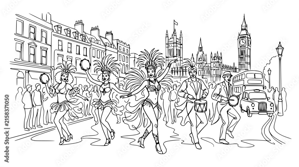 Obraz premium Carnival Parade London Street Scene with Big Ben and Dancers