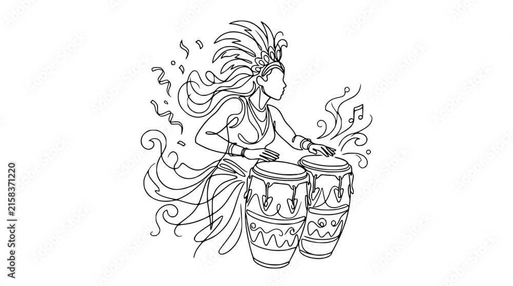 Obraz premium Carnival Dancer Playing Drums, Isolated Line Art Illustration
