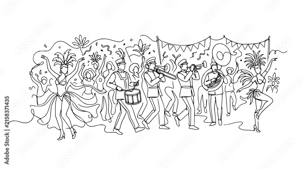Obraz premium Carnival Parade Line Art: Dancers, Musicians, Festive Atmosphere, Isolated