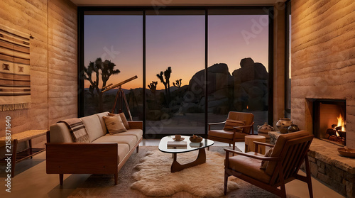 Desert house living room with Joshua tree sunset view.