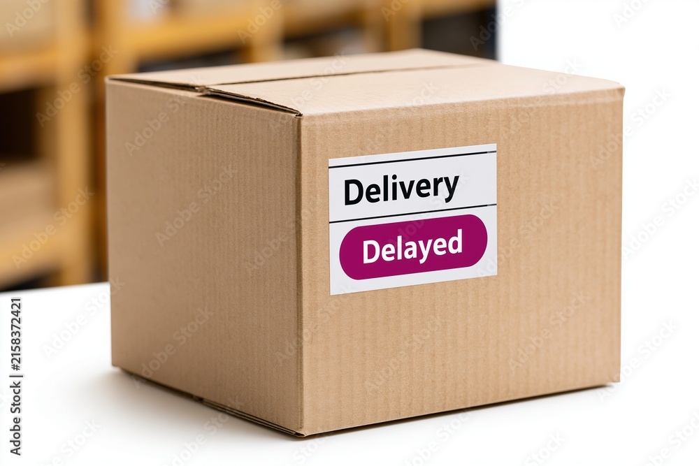© Generative AI - Brown cardboard shipping box with delayed delivery sticker sitting on white surface in warehouse setting