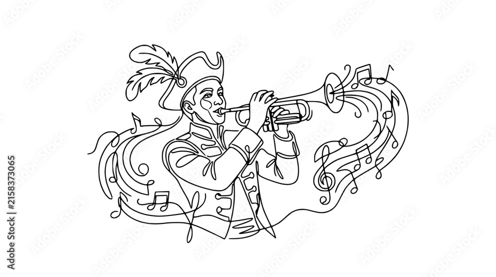 Obraz premium Musician playing trumpet in historical costume with musical notes, isolated