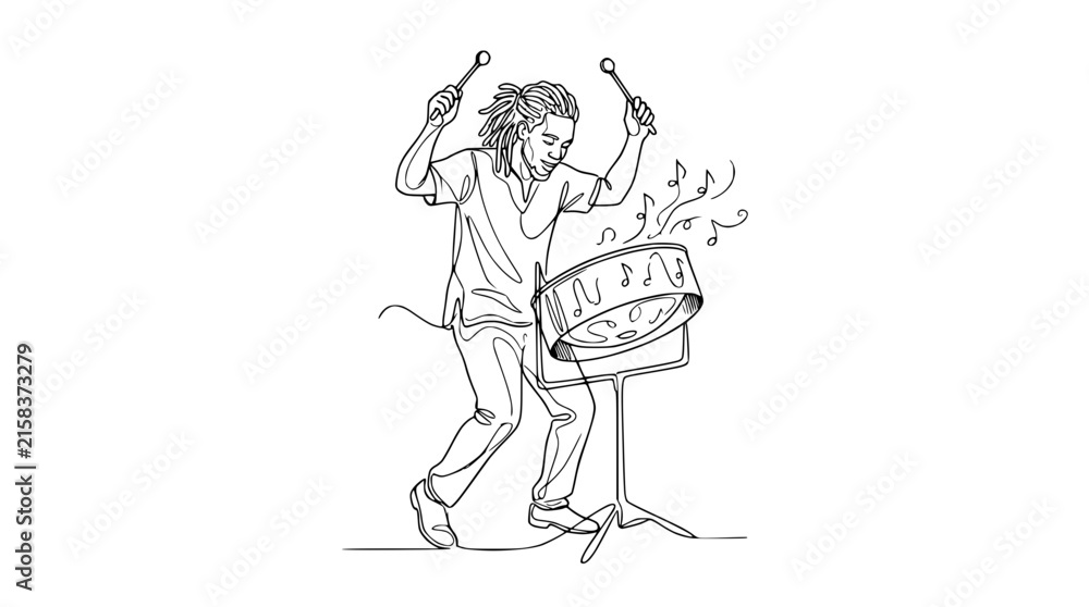 Fototapeta premium Man Playing Steel Drum, Continuous Line Drawing, Musical Performance