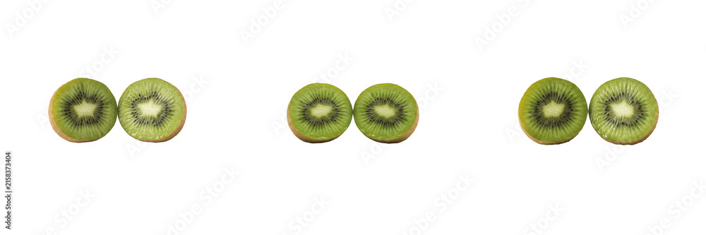 Fototapeta premium Fresh ripe green kiwi fruit slices cut in half showing black seeds and white center core isolated on white background stock PNG graphic design element