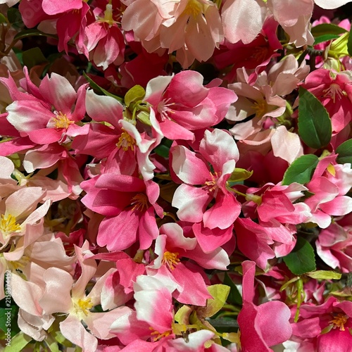 Artificial pink cherry blossom flowers close up decoration