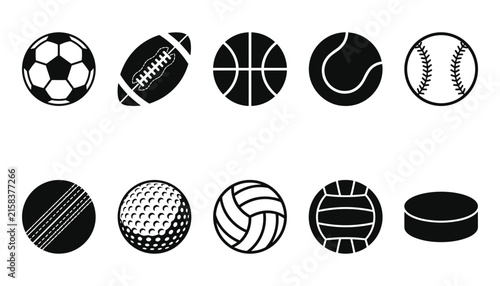 Bild auf Leinwand Competitive Team Sports Equipment and Game Balls Icon Set with Soccer Football B