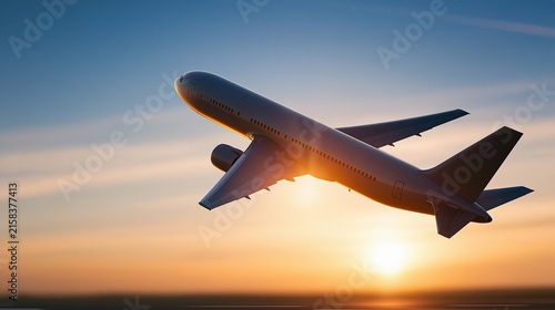 Commercial airliner ascending steeply into a vibrant sunset sky with golden sunlight flaring behind the fuselage.