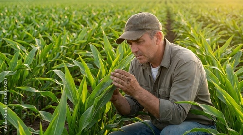 Farmer Inspecting Healthy Green Corn Plants in Sustainable Agriculture Field
