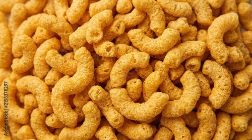 Close-up of crunchy, puffed corn snack pieces with a golden orange hue and textured surface.