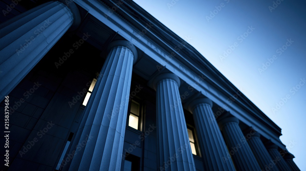 Fototapeta premium Low angle view of classical building facade with tall fluted columns and glowing windows against a clear blue twilight sky.