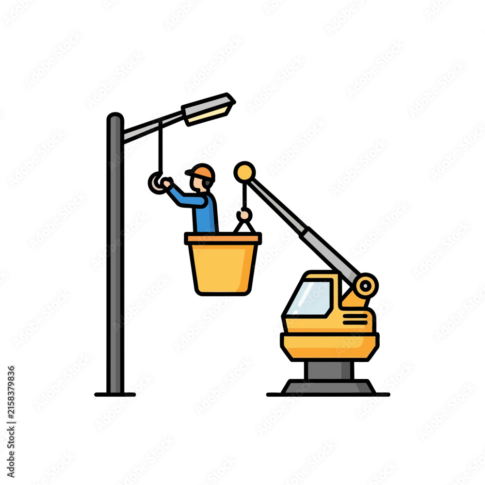 Fototapeta premium Street Light Repair Worker with Bucket Crane Truck Vector Icon
