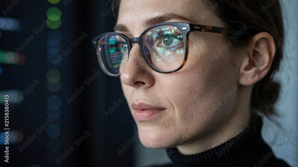 Fototapeta premium Female data analyst at work with dark copyspace