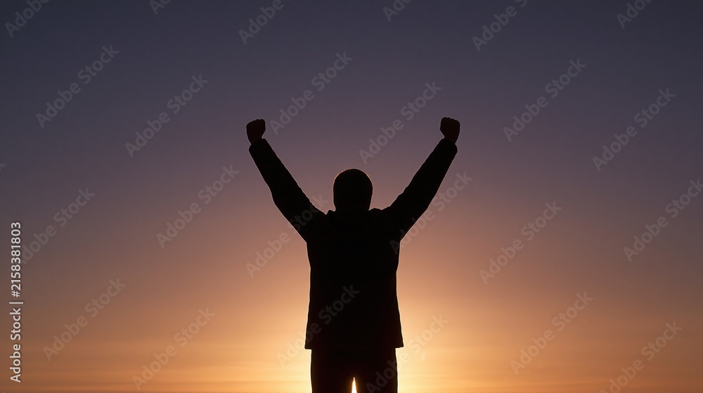 Fototapeta premium Silhouette of a person raising arms in triumph against a vibrant sunset sky