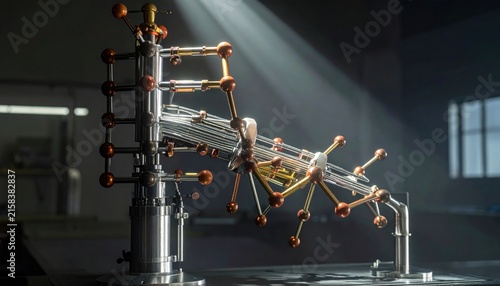 Intricate metallic molecular model with glowing nodes on dark background