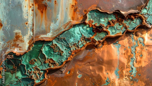 Intricate Oxidized Copper Patina Showing Green Verdigris and Rusty Orange Hues