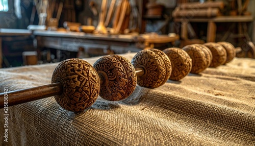 Intricately Carved Wooden Beads Lined Up on a Textured Fabric Surface