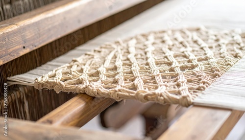 Intricate Woven Tapestry Crafted From Natural Fibers on Wooden Surface