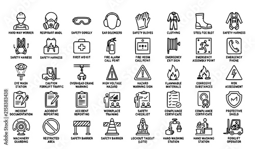 Occupational Health Industrial Safety Risk Management Thin Line Vector Icons