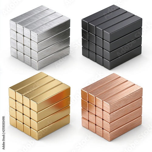 Four stacks of rectangular metal bars arranged in a grid pattern on white background