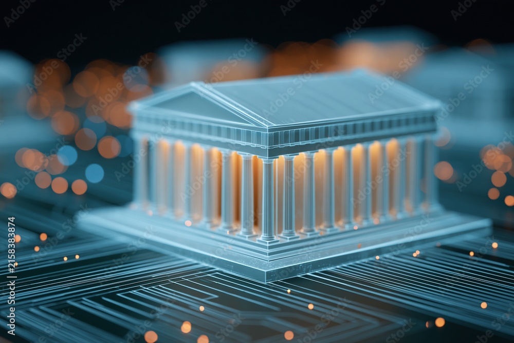 Fototapeta premium Digital rendering of a classical temple structure illuminated by warm light on a futuristic circuit board background