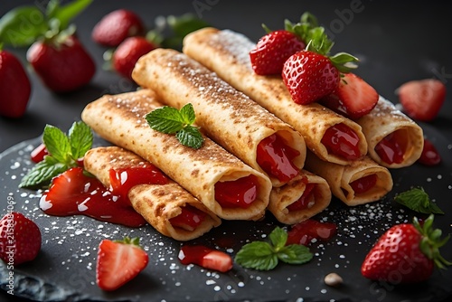 strawberry dessert taquitos stacked on a dark slate plate