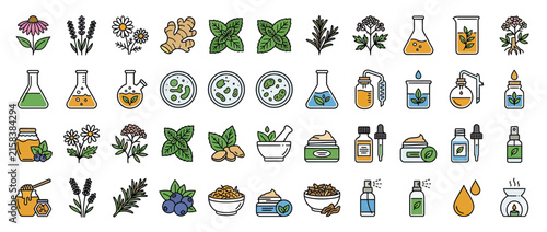 Herbal Ingredients and Cosmetics Icons Set