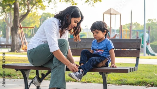 Mother lovingly tying her young son's shoelaces on a park bench during a sunny day.