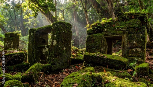 Moss-covered ancient ruins nestled within a sun-dappled tropical forest setting