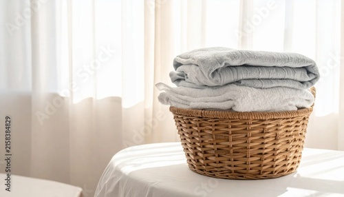 Neatly folded linen textiles in a rustic wicker laundry basket by a sunlit window