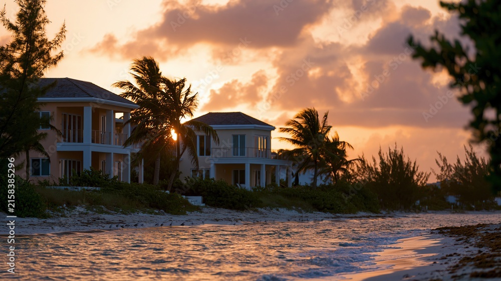 Obraz premium Luxury beachfront villas silhouetted against a vibrant sunset sky with palm trees swaying near the ocean shoreline.