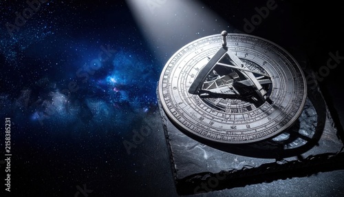 Ornate Ancient Astrolabe Device for Celestial Navigation Against a Cosmic Backdrop